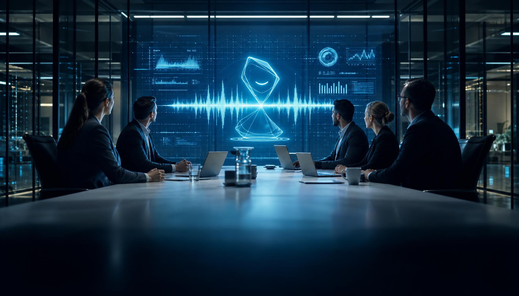 Modern business meeting with AI assistant presenting data
